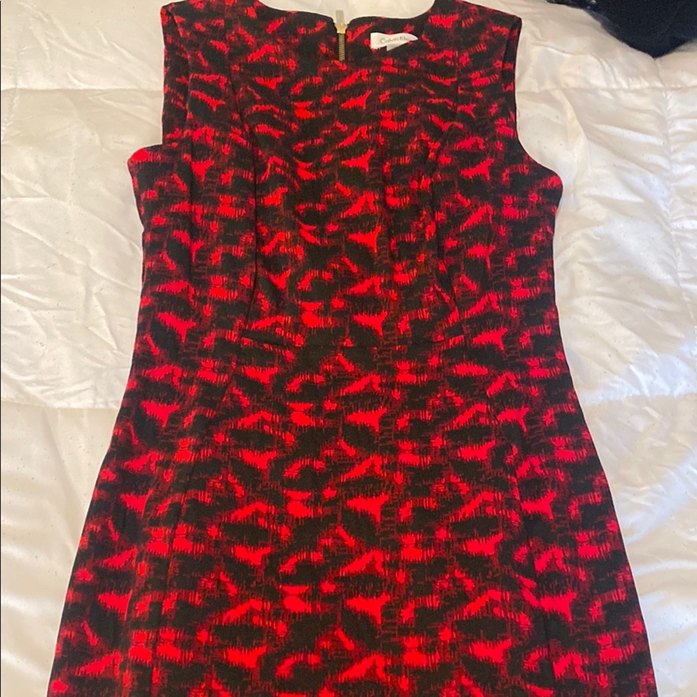 Calvin Klein Red and Black Patterned Dress. Size 6.